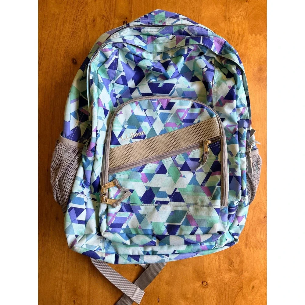 LL Bean Deluxe Backpack Blue Purple Geometric Triangle Print School Bag
